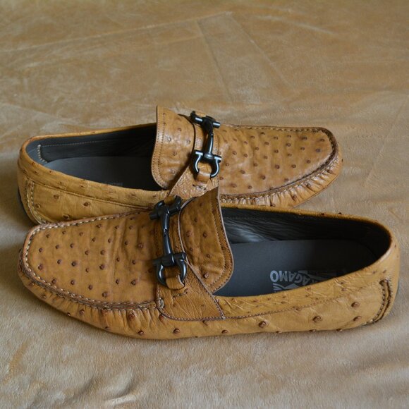 Salvatore Ferragamo Tan Brown Ostrich Leather Loafers Limited Edition Size 13